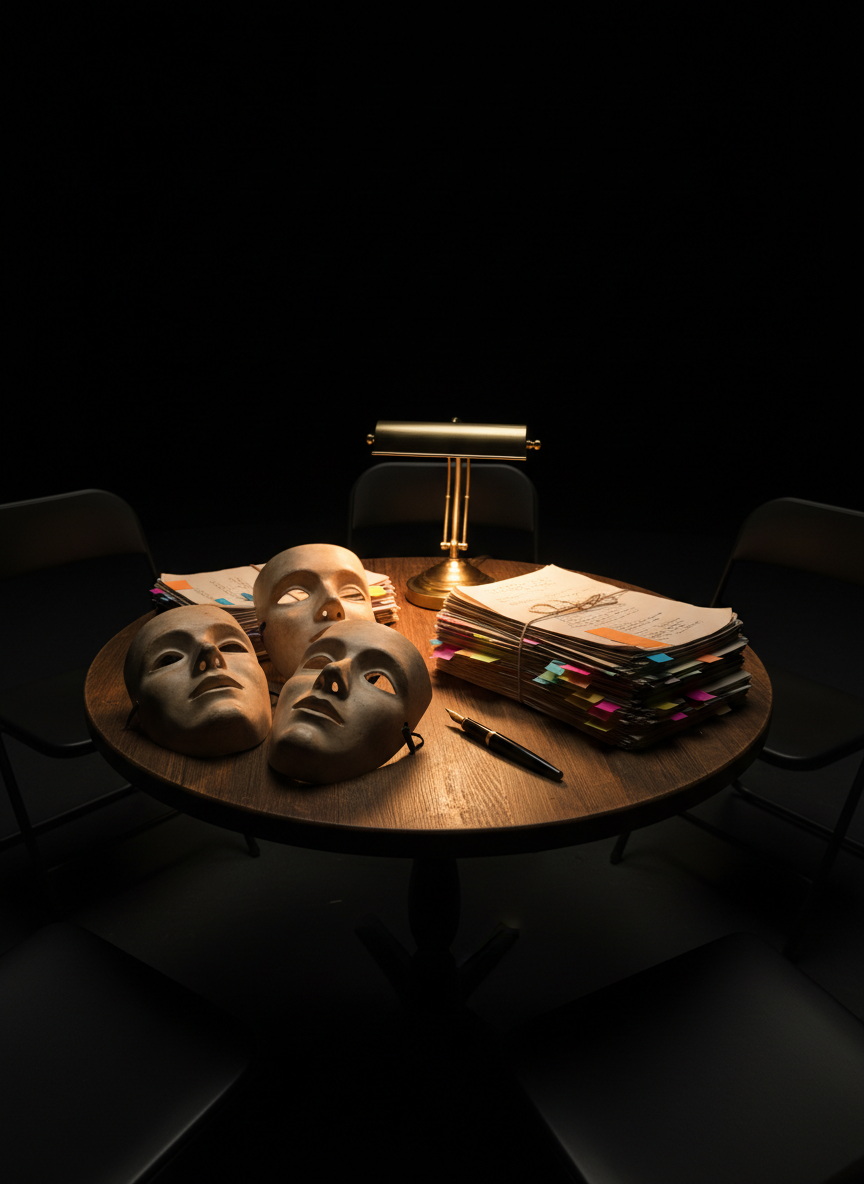 A close-up, photographic view of a circular wooden table in a black-box theatre, covered with an eclectic spread of theatre objects: worn masks in neutral tones, a stack of annotated scripts with colored tabs, a fountain pen, and a small brass desk lamp. Around the edges of the frame, blurred silhouettes of empty chairs suggest a rehearsal circle without showing people. The lamp casts warm, focused light that spills into surrounding darkness, creating dramatic contrasts and subtle reflections on the tabletop. Shot from a slightly elevated angle, with rich shadows and a refined, contemplative mood, symbolizing collective creation and human connection in a sophisticated theatre setting.