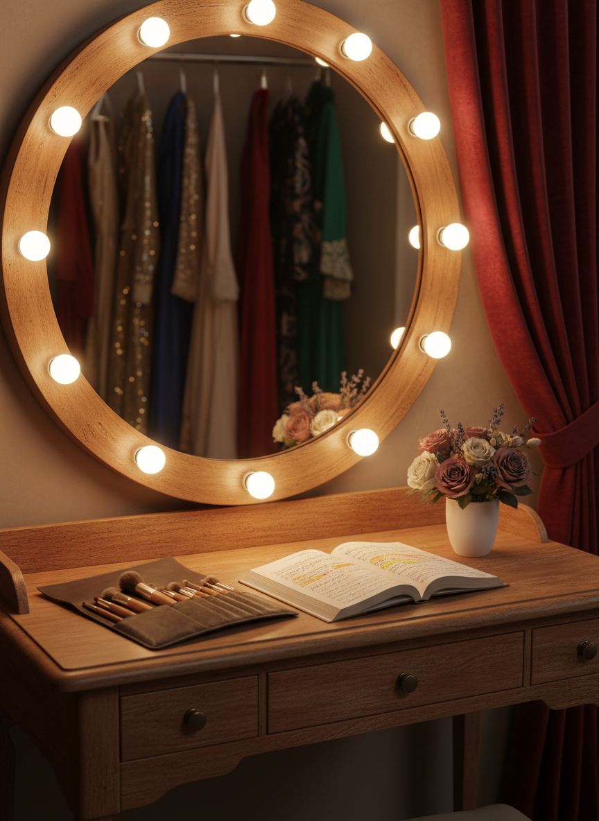 An elegant, minimalist backstage dressing station, photographed in realistic detail, featuring a vintage wooden dressing table with a slightly distressed finish and a large mirror framed by round, warm bulbs. On the table lie neatly arranged makeup brushes, an open script with handwritten notes, and a simple porcelain cup holding roses in muted colors. The mirror reflects the soft blur of hanging costumes on one side and the suggestion of stage curtains on the other, without showing any people. Warm, diffused lighting creates a calm, intimate mood, with a balanced, centered composition that highlights the quiet preparation and subtle magic of the theatre world.
