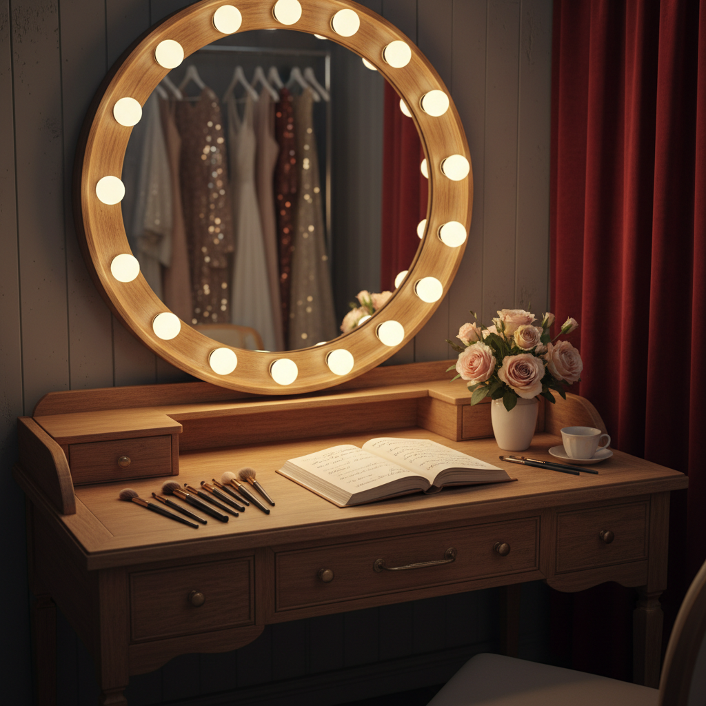 An elegant, minimalist backstage dressing station, photographed in realistic detail, featuring a vintage wooden dressing table with a slightly distressed finish and a large mirror framed by round, warm bulbs. On the table lie neatly arranged makeup brushes, an open script with handwritten notes, and a simple porcelain cup holding roses in muted colors. The mirror reflects the soft blur of hanging costumes on one side and the suggestion of stage curtains on the other, without showing any people. Warm, diffused lighting creates a calm, intimate mood, with a balanced, centered composition that highlights the quiet preparation and subtle magic of the theatre world.